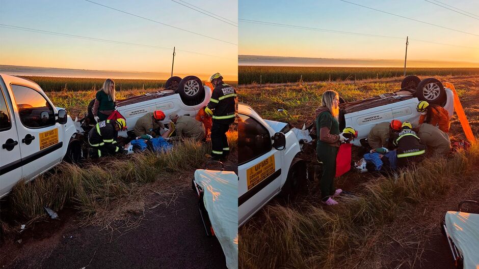 Batida envolvendo veículo da prefeitura de Paranaíba na BR-262 deixa motorista com fratura na perna (vídeo)